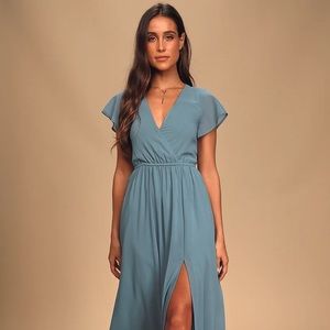 Lulu’s Lost in the Moment slate blue maxi dress